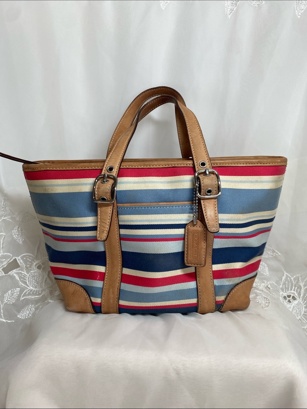 Coach 7744 Hampton Spring Striped Canvas Tote in Blue, Red, Cream & Tan